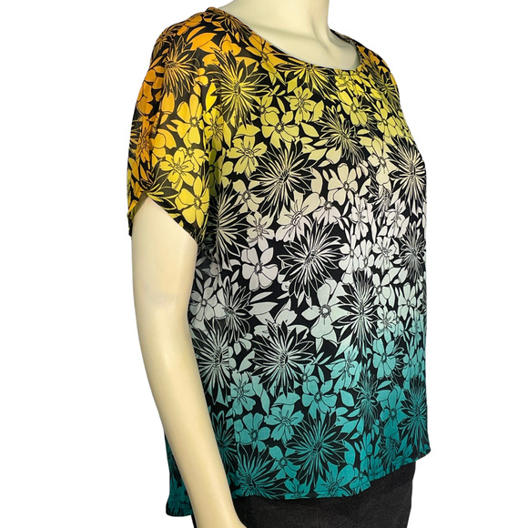 3/$20 New Directions Sz M Pullover Top Colorful Yellow Blue Ombre Floral Chiffon - Picture 2 of 8